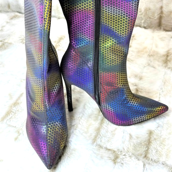 Pazzle Metallic Rainbow Mid Calf Pointy Toe High Heel Boots - Picture 2 of 8